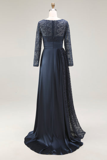 Navy A-Line Scoop Lace Mother of the Bride Dress With Long Sleeves